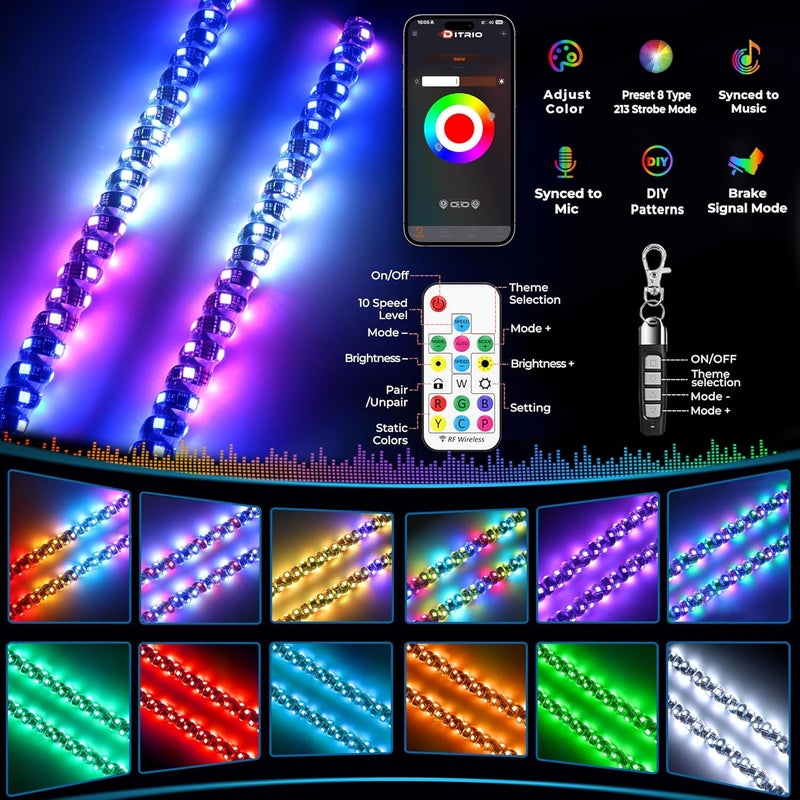 DITRIO 1 Pack 2FT Whip Lights with 2 Flags, Led Whip Light with App & Remote Control,Spiral Music RGB Chasing Lighted Whips,Side by Side Whip Lights for UTV ATV Polaris RZR Can-Am SXS Truck - Image 2